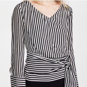 White Black Silk ALICE + OLIVIA Striped Wrap Top M